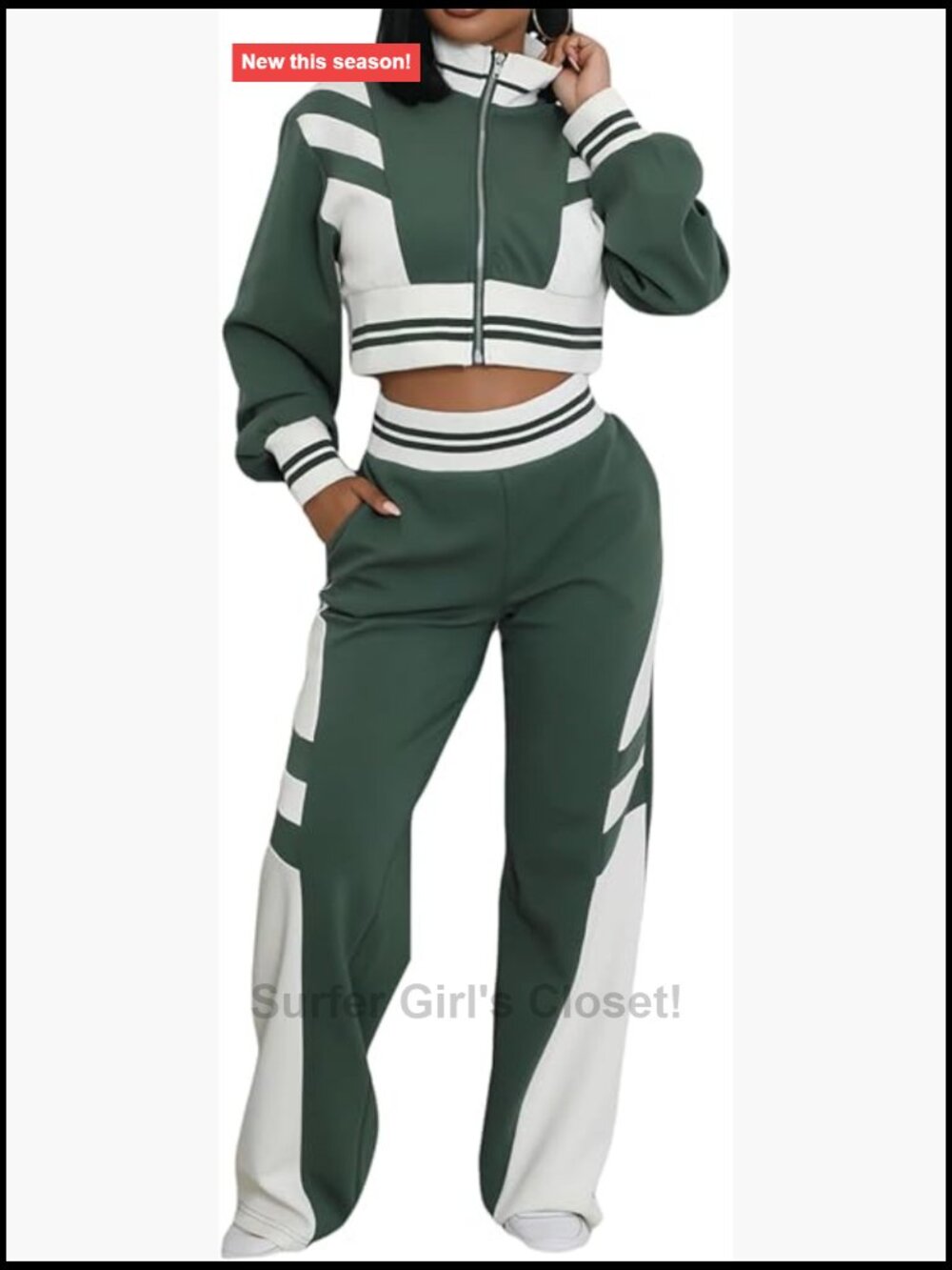 2 Piece Tracksuit Set Zip Up Crop Jacket Wide Leg Sweatpants Polyester Spandex
